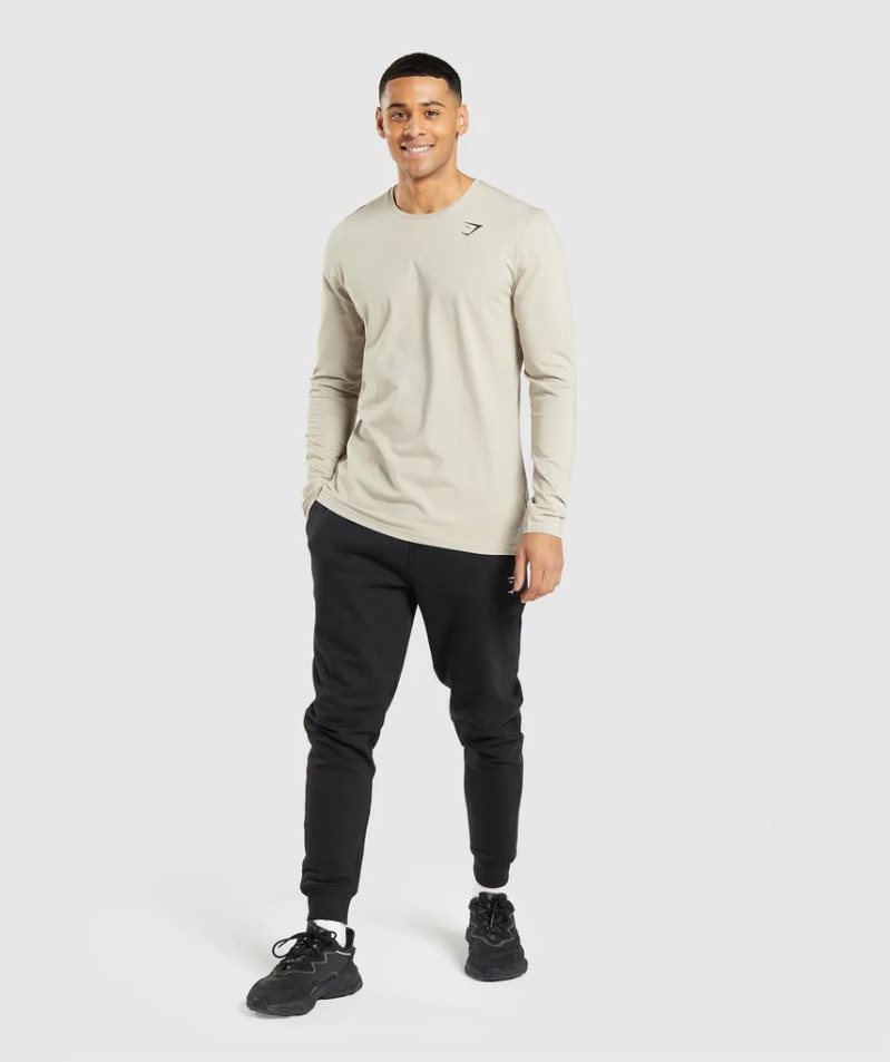 Men's Gymshark Essential Long Sleeve T-Shirts Beige | CA 30DN71